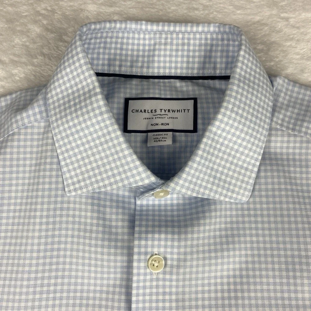 Charles Tyrwhitt Dress Shirt Mens 16.5-35 Blue/White Checks Classic Fit No Iron